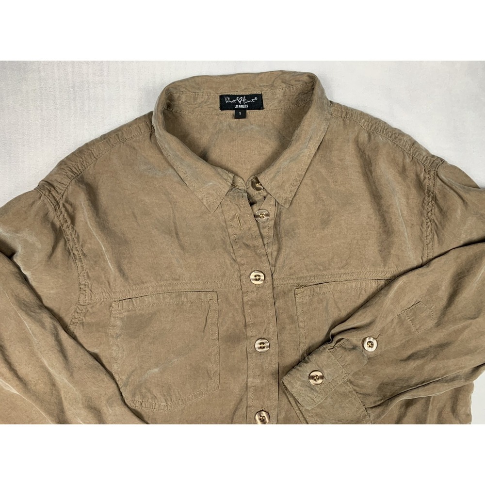 Velvet Heart Shirt Womens S Tan Button Up Cupro Long Sleeve Blouse